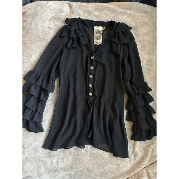 VTG Y2K Twelve by Twelve Black Sheer Ruffle Long Sleeve Blouse Gold Button Goth - Picture 1 of 7